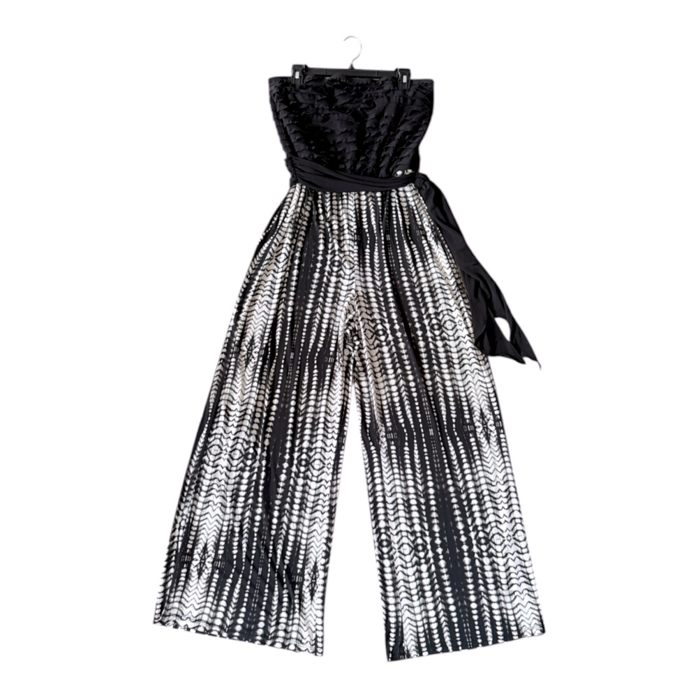 Women’s Strapless Wide Leg Black Ruffled Long Jumpsuit Size XL Jersey Knit Party - Picture 1 of 16